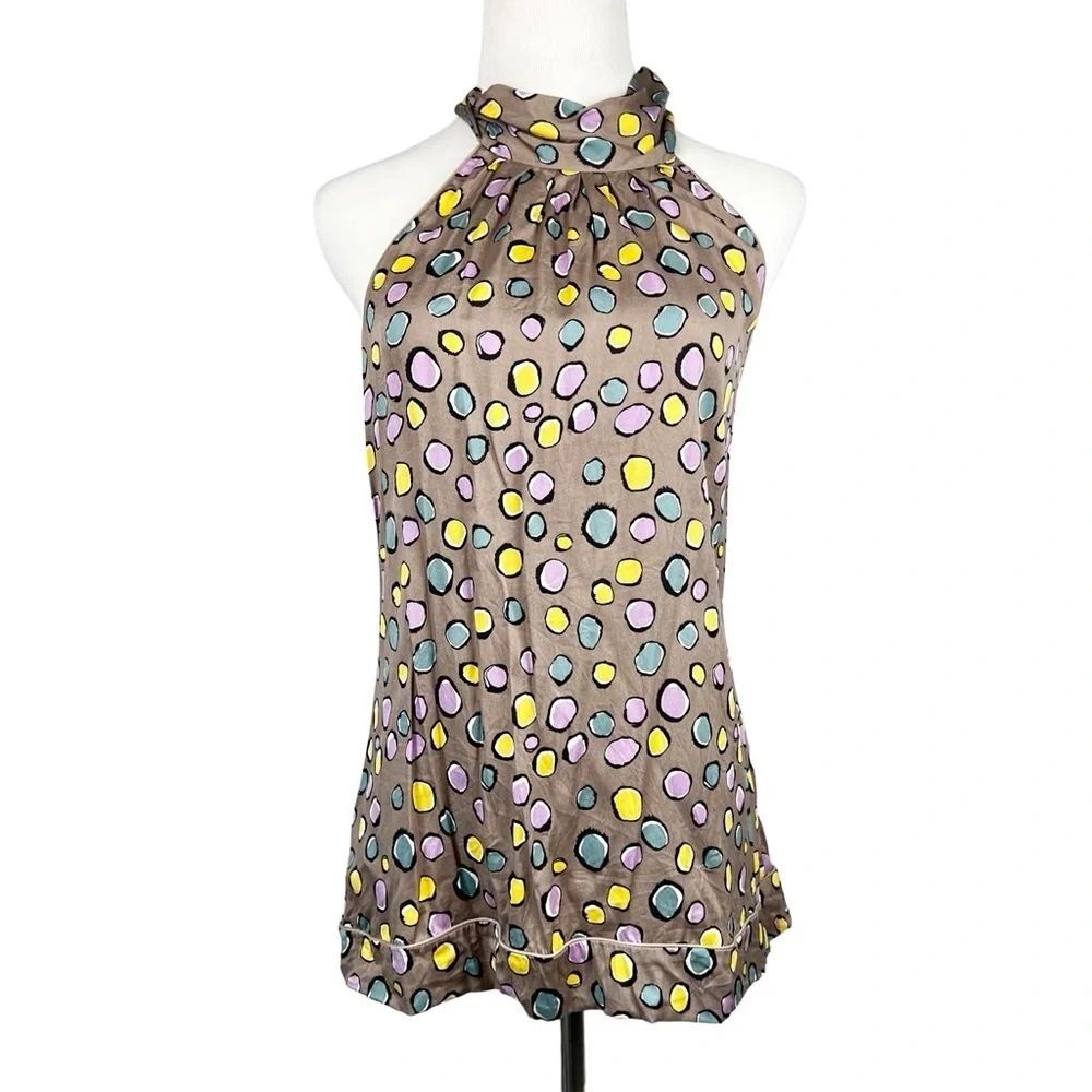 BCBGMAXAZRIA Gray Silk Halter Top with Colorful Dots